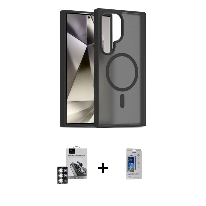 MARSİLYAN™- Galaxy S24 Ultra Kılıf Siluet Minimal Prime - Siyah Durable Full Glue Curved Cam + Pembe PVD Metal Kamera Lens