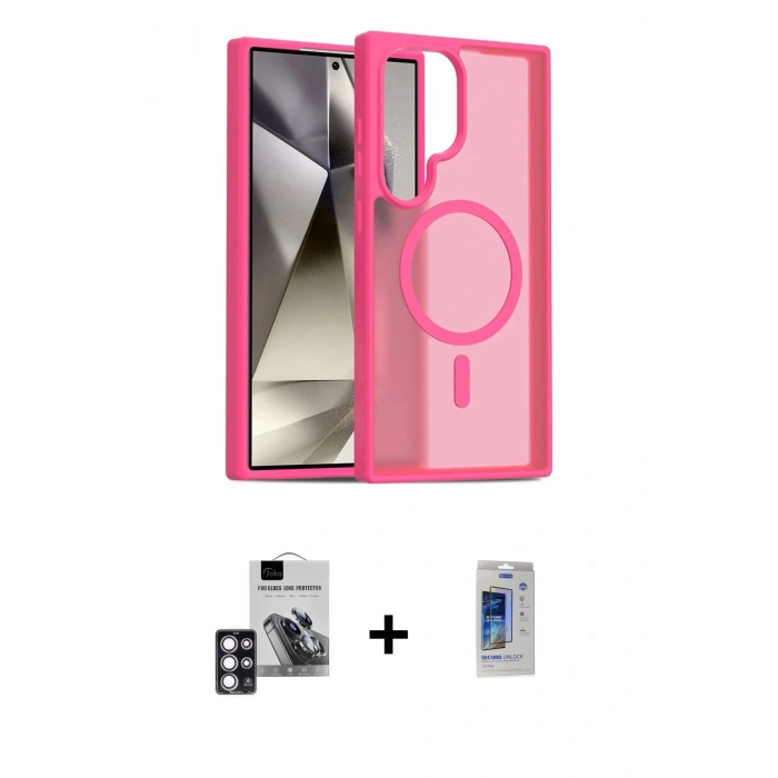 MARSİLYAN™- Galaxy S24 Ultra Kılıf Siluet Minimal Prime - Siyah Durable Full Glue Curved Cam + Pembe PVD Metal Kamera Lens