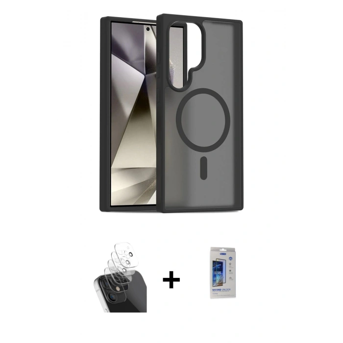 MARSİLYAN™- Galaxy S24 Ultra Kılıf Siluet Minimal Prime - Siyah Durable Full Glue Curved Cam + Kamera Lens Koruma Cam - SF