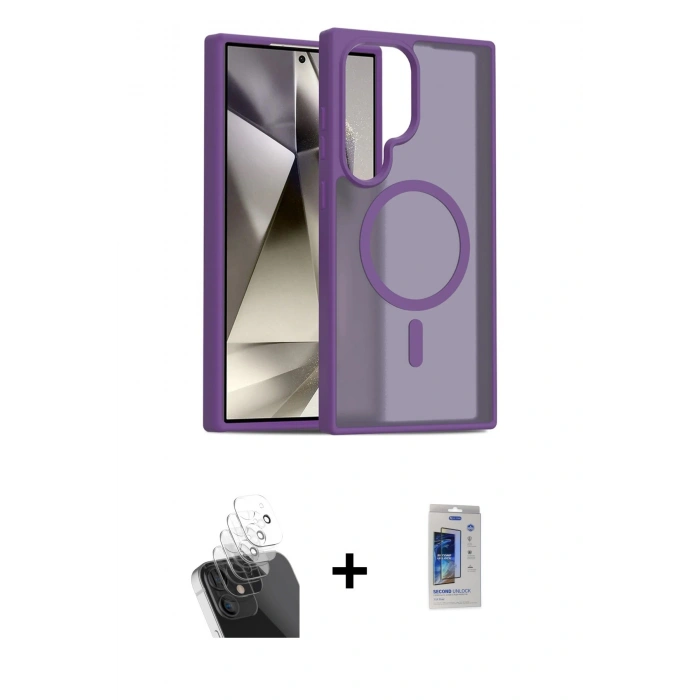 MARSİLYAN™- Galaxy S24 Ultra Kılıf Siluet Minimal Prime - Siyah Durable Full Glue Curved Cam + Kamera Lens Koruma Cam - SF