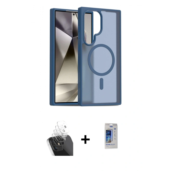 MARSİLYAN™- Galaxy S24 Ultra Kılıf Siluet Minimal Prime - Siyah Durable Full Glue Curved Cam + Kamera Lens Koruma Cam - SF
