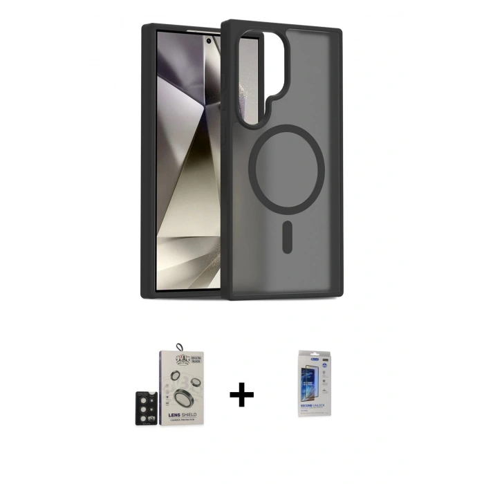 MARSİLYAN™- Galaxy S24 Ultra Kılıf Siluet Minimal Prime - Siyah Durable Full Glue Curved Hayalet Cam + Bilvis Titan Kamera Lens - SH