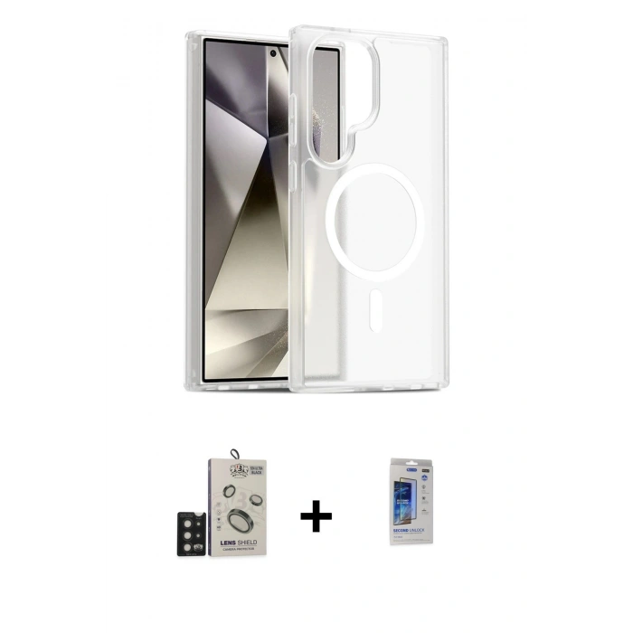 MARSİLYAN™- Galaxy S24 Ultra Kılıf Siluet Minimal Prime - Siyah Durable Full Glue Curved Hayalet Cam + Bilvis Titan Kamera Lens - SH