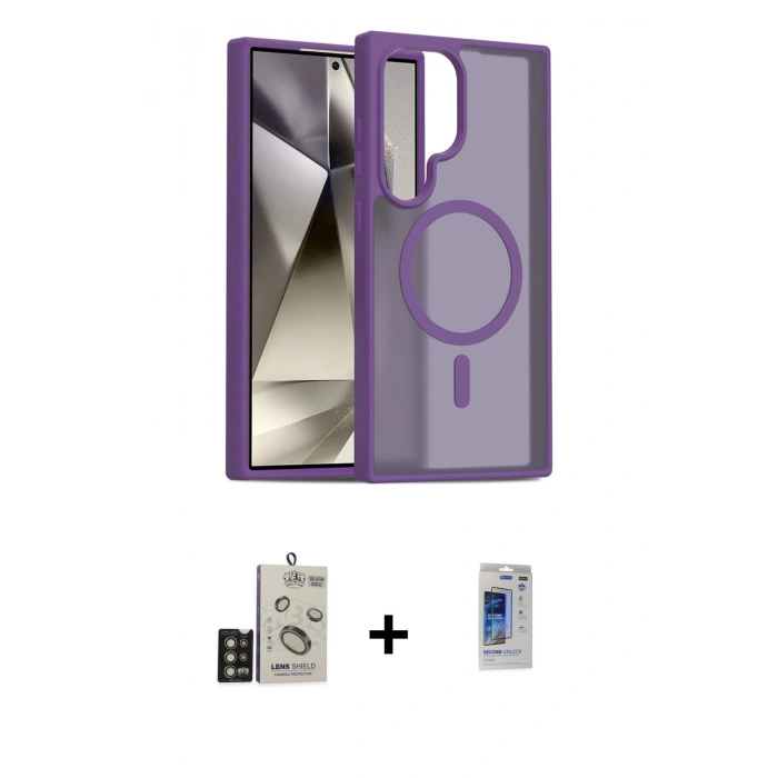MARSİLYAN™- Galaxy S24 Ultra Kılıf Siluet Minimal Prime - Siyah Durable Full Glue Curved Hayalet Cam + Bilvis Titan Kamera Lens - GD
