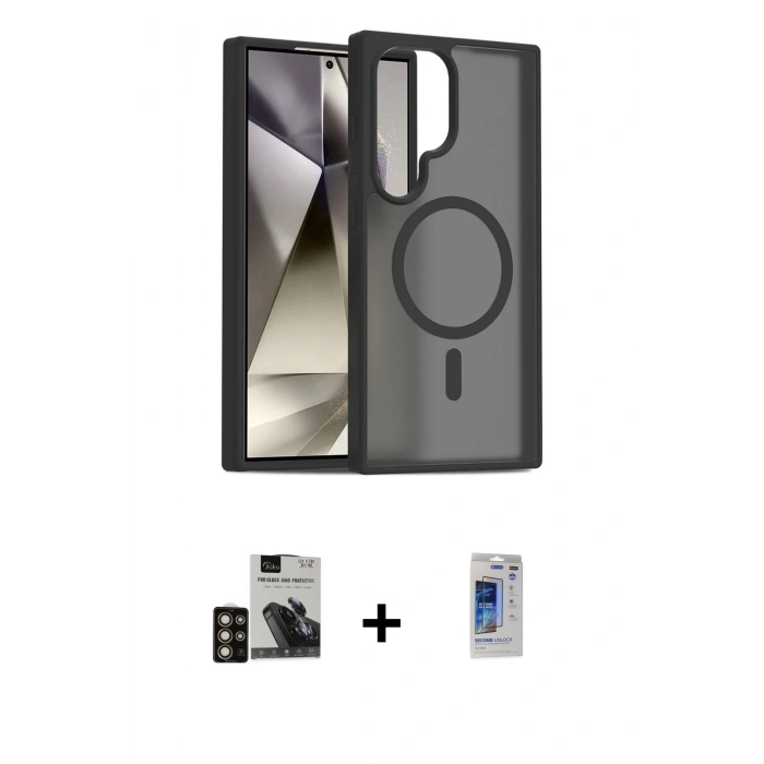 MARSİLYAN™- Galaxy S24 Ultra Kılıf Siluet Minimal Prime - Siyah Durable Full Glue Curved Hayalet Cam + PVD Metal Kamera Lens - GD