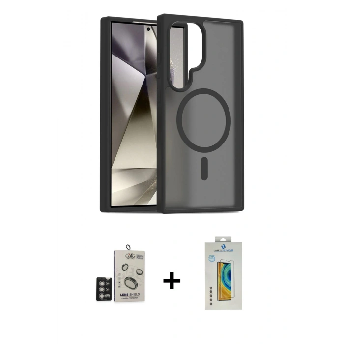 MARSİLYAN™- Galaxy S24 Ultra Kılıf Siluet Minimal Prime - Siyah Polymer Nano Ekran Koruyucu + Bilvis Titan Kamera Lens - DNMR