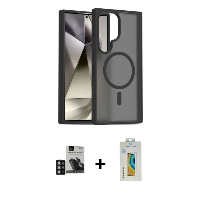 MARSİLYAN™- Galaxy S24 Ultra Kılıf Siluet Minimal Prime - Siyah Polymer Nano Ekran Koruyucu + PVD Metal Kamera Lens - DNMR