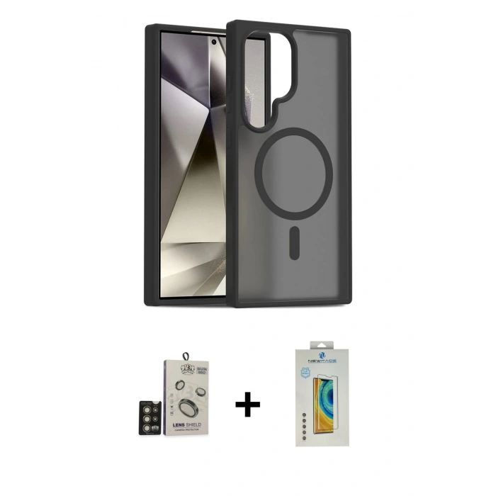 MARSİLYAN™- Galaxy S24 Ultra Kılıf Siluet Minimal Prime - Siyah Polymer Nano Ekran Koruyucu + Bilvis Titan Kamera Lens - GD