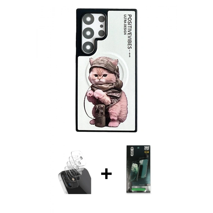 MARSİLYAN™- Galaxy S24 Ultra Kılıf Siluet Modern Özel Seri - Siyah 360 Mat Full Body Arka Koruyucu + Kamera Lens Koruma Cam - SF