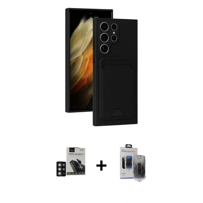 MARSİLYAN™- Galaxy S24 Ultra Kılıf Vadi Çizgi Prime - Siyah Vanessa Magic Hayalet Cam + Derin Mor PVD Metal Kamera Lens