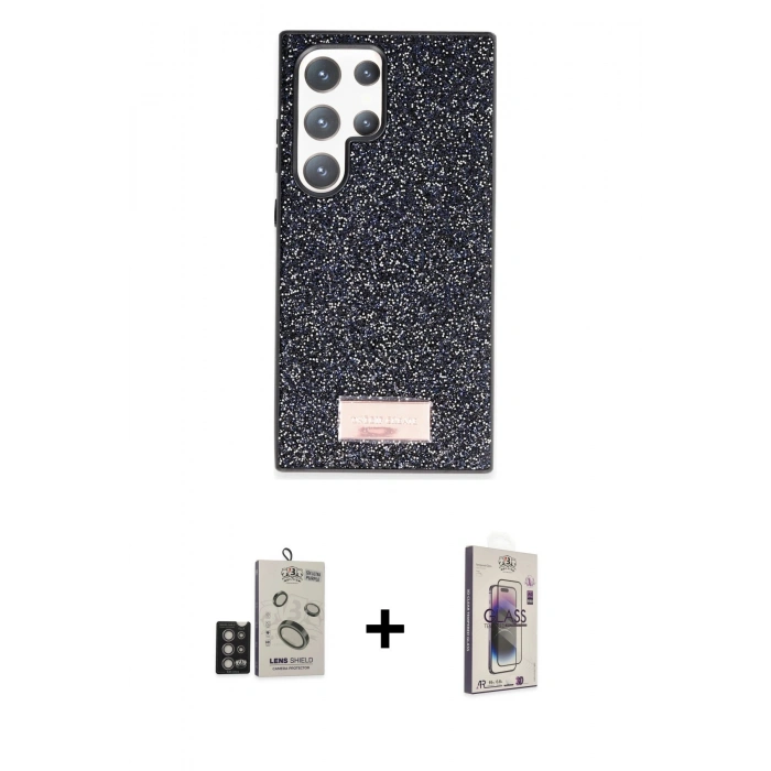 MARSİLYAN™- Galaxy S24 Ultra Kılıf Vadi Klasik Serisi - Siyah Bilvis 3D Cam Ekran Koruyucu + Bilvis Titan Kamera Lens - DNMR