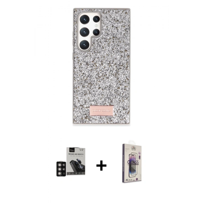 MARSİLYAN™- Galaxy S24 Ultra Kılıf Vadi Klasik Serisi - Siyah Bilvis 3D Cam Ekran Koruyucu + PVD Metal Kamera Lens - DNMR