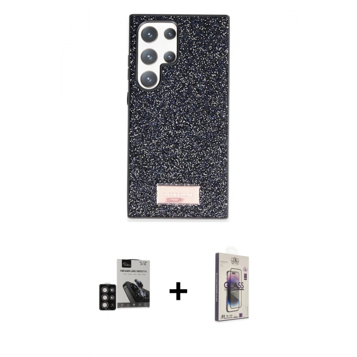 MARSİLYAN™- Galaxy S24 Ultra Kılıf Vadi Klasik Serisi - Siyah Bilvis 3D Cam Ekran Koruyucu + PVD Metal Kamera Lens - DNMR