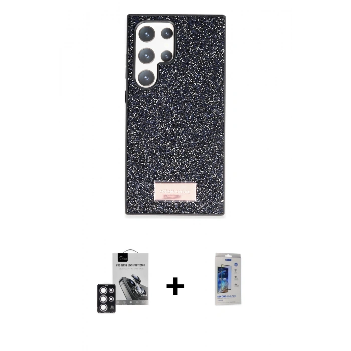 MARSİLYAN™- Galaxy S24 Ultra Kılıf Vadi Klasik Serisi - Siyah Durable Full Glue Curved Cam + PVD Metal Kamera Lens - PE