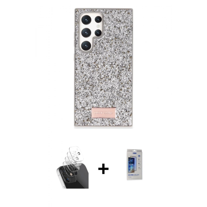 MARSİLYAN™- Galaxy S24 Ultra Kılıf Vadi Klasik Serisi - Siyah Durable Full Glue Curved Cam + Kamera Lens Koruma Cam - SF