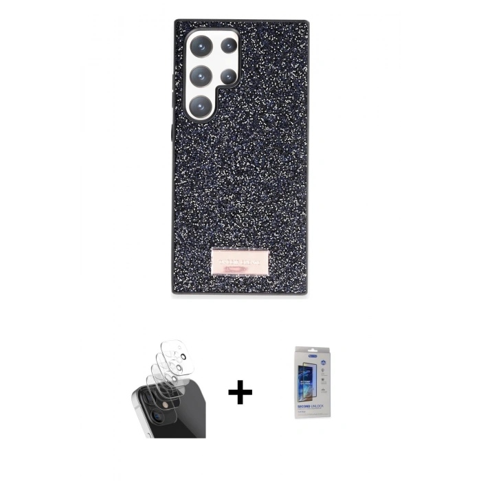 MARSİLYAN™- Galaxy S24 Ultra Kılıf Vadi Klasik Serisi - Siyah Durable Full Glue Curved Cam + Kamera Lens Koruma Cam - SF