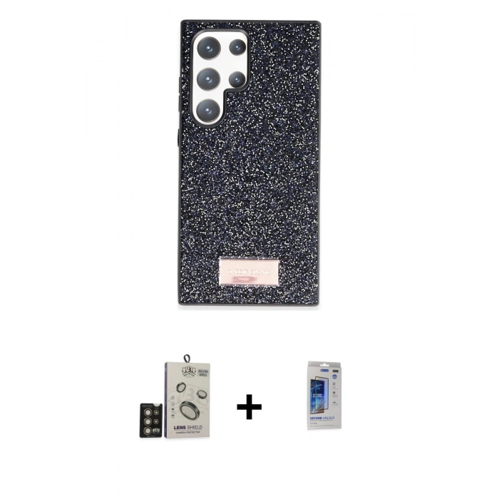 MARSİLYAN™- Galaxy S24 Ultra Kılıf Vadi Klasik Serisi - Siyah Durable Full Glue Curved Hayalet Cam + Bilvis Titan Kamera Lens - GD