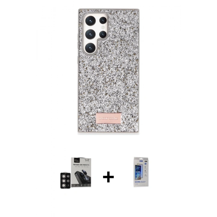 MARSİLYAN™- Galaxy S24 Ultra Kılıf Vadi Klasik Serisi - Siyah Durable Full Glue Curved Hayalet Cam + PVD Metal Kamera Lens - DNMR