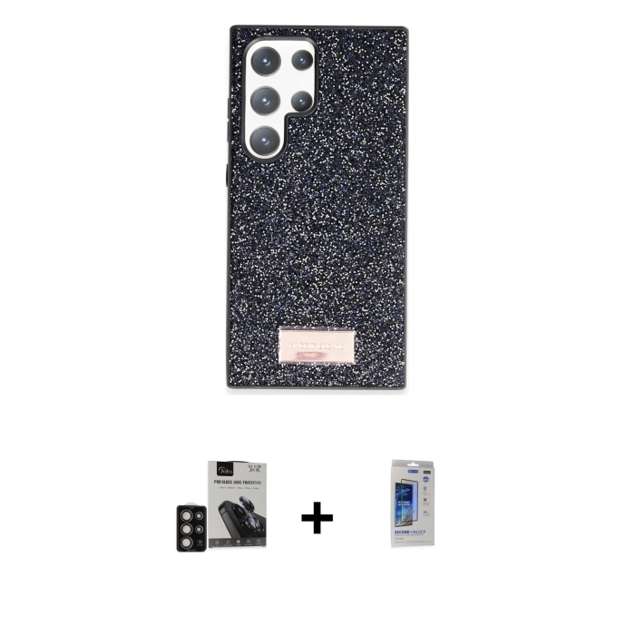 MARSİLYAN™- Galaxy S24 Ultra Kılıf Vadi Klasik Serisi - Siyah Durable Full Glue Curved Hayalet Cam + PVD Metal Kamera Lens - DNMR