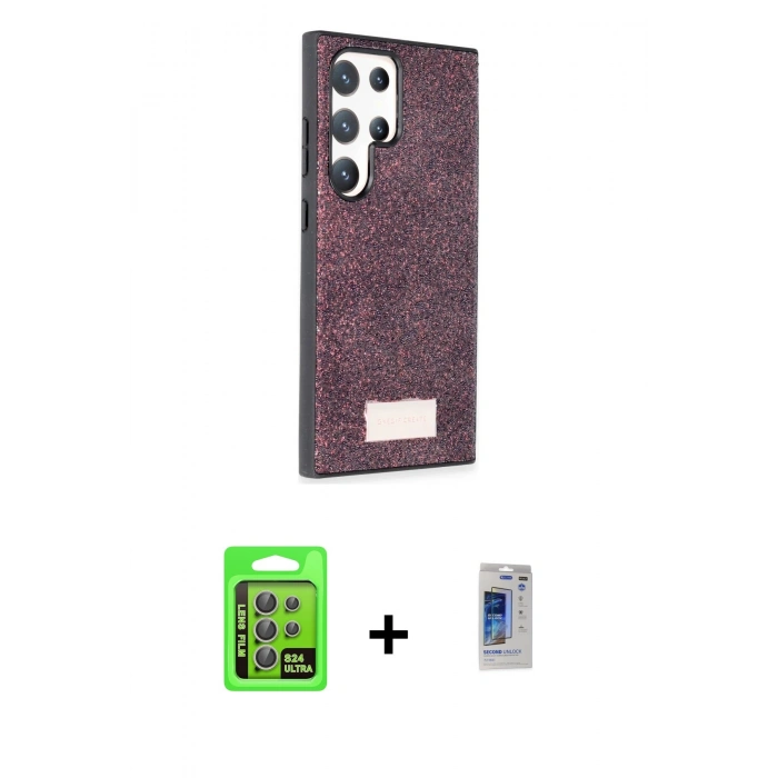 MARSİLYAN™- Galaxy S24 Ultra Kılıf Vadi Klasik Serisi - Siyah Durable Full Glue Curved Hayalet Cam + Raze Metal Kamera Lens - GI