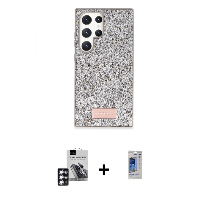 MARSİLYAN™- Galaxy S24 Ultra Kılıf Vadi Klasik Serisi - Siyah Durable Full Glue Curved Hayalet Cam + PVD Metal Kamera Lens - PE