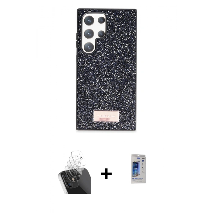 MARSİLYAN™- Galaxy S24 Ultra Kılıf Vadi Klasik Serisi - Siyah Durable Full Glue Curved Hayalet Cam + Kamera Lens Koruma Cam - SF