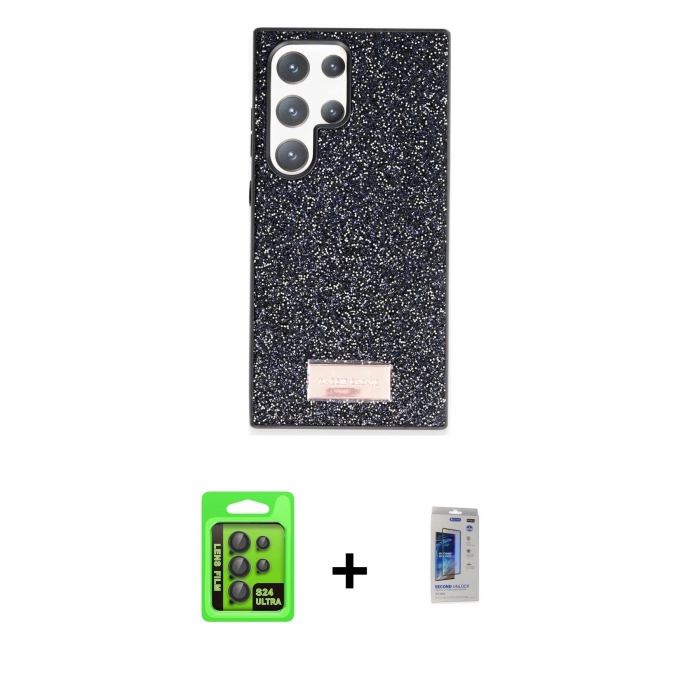 MARSİLYAN™- Galaxy S24 Ultra Kılıf Vadi Klasik Serisi - Siyah Durable Full Glue Curved Hayalet Cam + Raze Metal Kamera Lens - SH