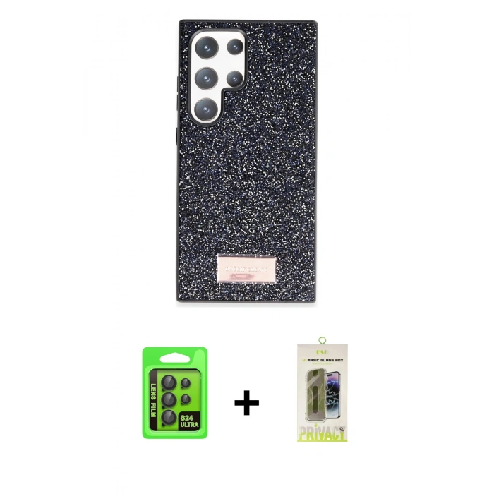 MARSİLYAN™- Galaxy S24 Ultra Kılıf Vadi Klasik Serisi - Siyah Joko Magic 5D Hayalet Cam + Raze Metal Kamera Lens - SH
