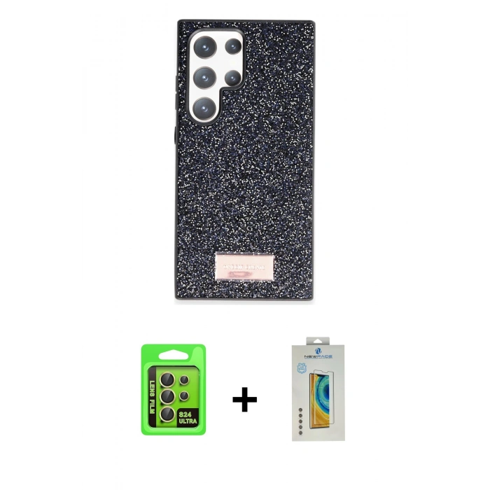 MARSİLYAN™- Galaxy S24 Ultra Kılıf Vadi Klasik Serisi - Siyah Polymer Nano Ekran Koruyucu + Raze Metal Kamera Lens - SI