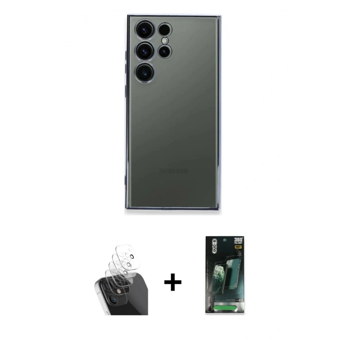 MARSİLYAN™- Galaxy S24 Ultra Kılıf Vadi Minimal - Şeffaf 360 Full Body Arka Koruyucu + Kamera Lens Koruma Cam - SF