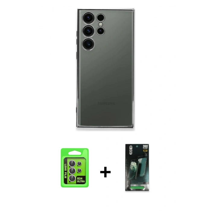 MARSİLYAN™- Galaxy S24 Ultra Kılıf Vadi Minimal - Siyah 360 Mat Full Body Arka Koruyucu + Raze Metal Kamera Lens - MR