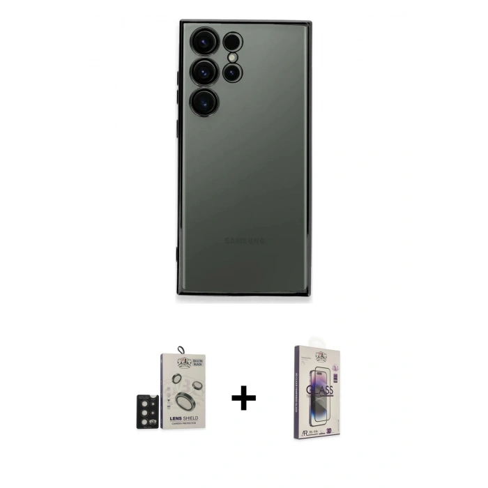 MARSİLYAN™- Galaxy S24 Ultra Kılıf Vadi Minimal - Siyah Bilvis 3D Cam Ekran Koruyucu + Bilvis Titan Kamera Lens - SH