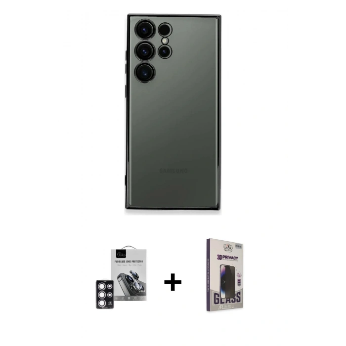 MARSİLYAN™- Galaxy S24 Ultra Kılıf Vadi Minimal - Siyah Bilvis Hayalet Cam Ekran Koruyucu + PVD Metal Kamera Lens - PE