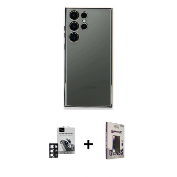 MARSİLYAN™- Galaxy S24 Ultra Kılıf Vadi Minimal - Siyah Bilvis Hayalet Cam Ekran Koruyucu + PVD Metal Kamera Lens - PE