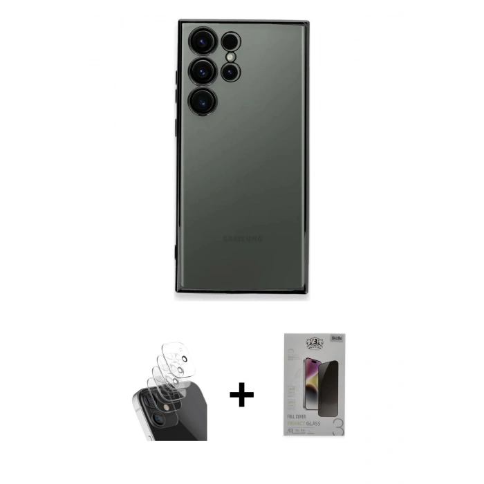 MARSİLYAN™- Galaxy S24 Ultra Kılıf Vadi Minimal - Siyah Bilvis Hayalet Cam Ekran Koruyucu + Kamera Lens Koruma Cam - SF