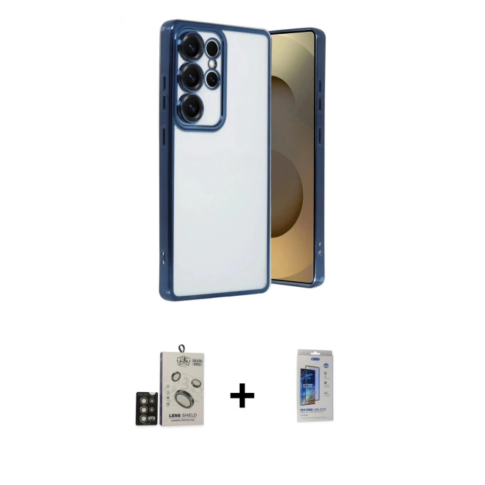 MARSİLYAN™- Galaxy S24 Ultra Kılıf Vadi Minimal - Siyah Durable Full Glue Curved Cam + Gold Bilvis Titan Kamera Lens