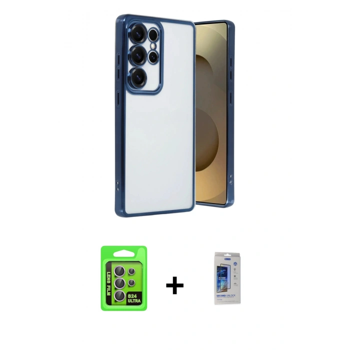 MARSİLYAN™- Galaxy S24 Ultra Kılıf Vadi Minimal - Siyah Durable Full Glue Curved Cam + Raze Metal Kamera Lens - MR