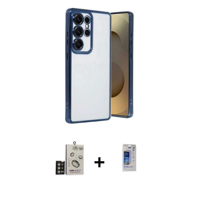 MARSİLYAN™- Galaxy S24 Ultra Kılıf Vadi Minimal - Siyah Durable Full Glue Curved Hayalet Cam + Bilvis Titan Kamera Lens - GD