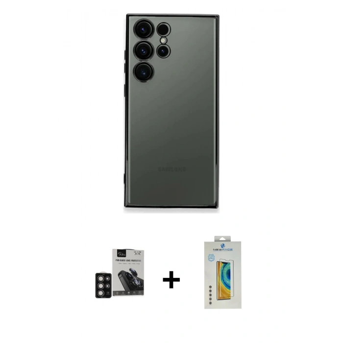MARSİLYAN™- Galaxy S24 Ultra Kılıf Vadi Minimal - Siyah Polymer Nano Ekran Koruyucu + PVD Metal Kamera Lens - DNMR