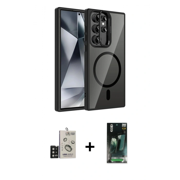 MARSİLYAN™- Galaxy S24 Ultra Kılıf Yadigar Asil Koleksiyonu - Siyah 360 Mat Full Body Arka Koruyucu + Bilvis Titan Kamera Lens - SH