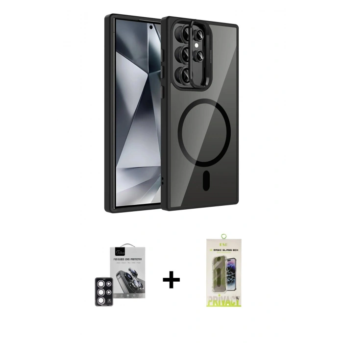 MARSİLYAN™- Galaxy S24 Ultra Kılıf Yadigar Asil Koleksiyonu - Siyah Joko Magic 5D Hayalet Cam + PVD Metal Kamera Lens - PE