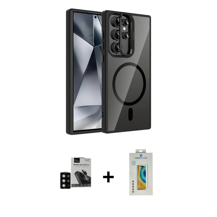 MARSİLYAN™- Galaxy S24 Ultra Kılıf Yadigar Asil Koleksiyonu - Siyah Polymer Nano Ekran Koruyucu + PVD Metal Kamera Lens - SH