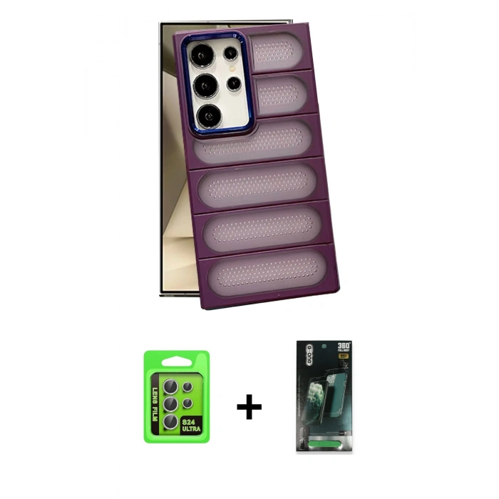 MARSİLYAN™- Galaxy S24 Ultra Kılıf Yadigar Doku Özel Seri - Şeffaf 360 Full Body Arka Koruyucu + Raze Metal Kamera Lens - GS