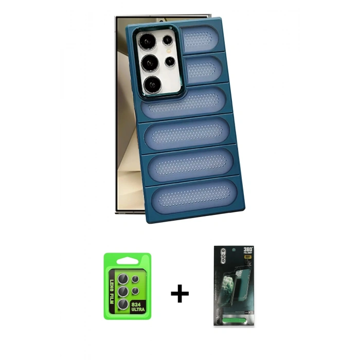 MARSİLYAN™- Galaxy S24 Ultra Kılıf Yadigar Doku Özel Seri - Şeffaf 360 Full Body Arka Koruyucu + Raze Metal Kamera Lens - GS