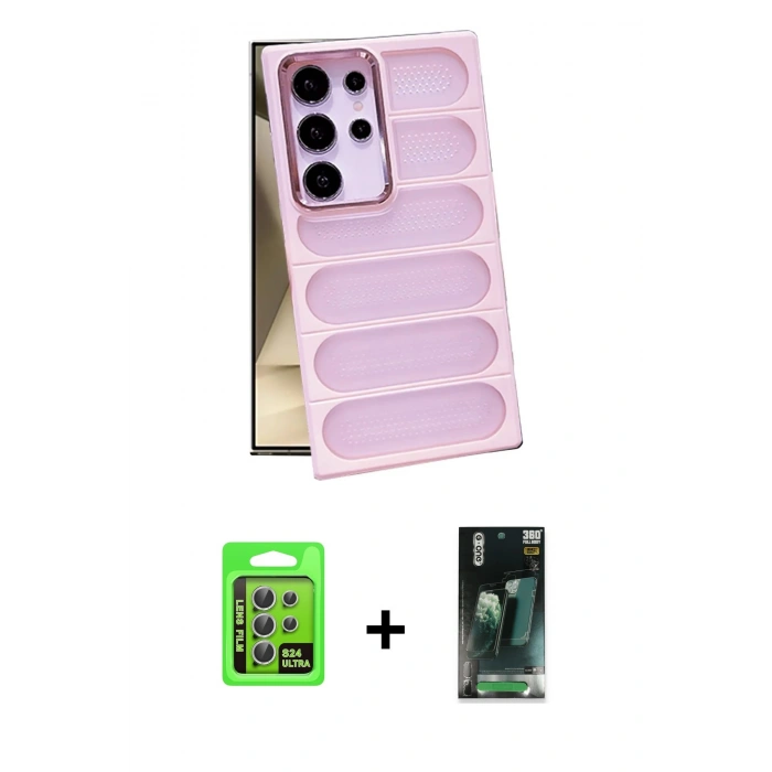 MARSİLYAN™- Galaxy S24 Ultra Kılıf Yadigar Doku Özel Seri - Şeffaf 360 Full Body Arka Koruyucu + Raze Metal Kamera Lens - GS