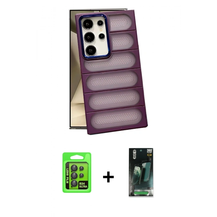 MARSİLYAN™- Galaxy S24 Ultra Kılıf Yadigar Doku Özel Seri - Şeffaf 360 Full Body Arka Koruyucu + Raze Metal Kamera Lens - SH