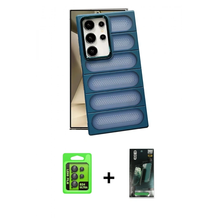MARSİLYAN™- Galaxy S24 Ultra Kılıf Yadigar Doku Özel Seri - Şeffaf 360 Full Body Arka Koruyucu + Raze Metal Kamera Lens - SH
