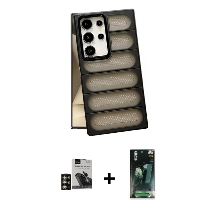 MARSİLYAN™- Galaxy S24 Ultra Kılıf Yadigar Doku Özel Seri - Siyah 360 Mat Full Body Arka Koruyucu + PVD Metal Kamera Lens - GD