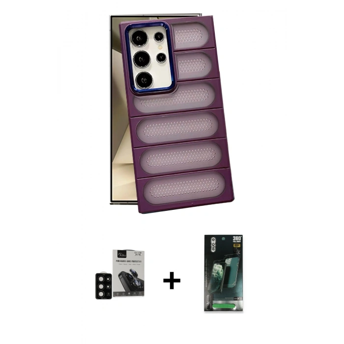 MARSİLYAN™- Galaxy S24 Ultra Kılıf Yadigar Doku Özel Seri - Siyah 360 Mat Full Body Arka Koruyucu + PVD Metal Kamera Lens - SH