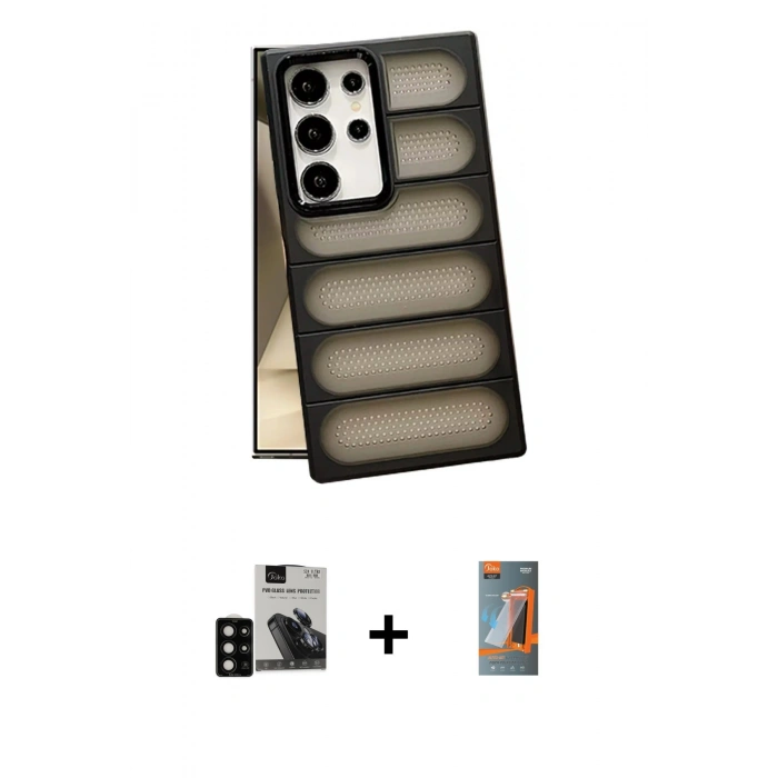 MARSİLYAN™- Galaxy S24 Ultra Kılıf Yadigar Doku Özel Seri - Siyah AutoKit 5in1 Fiber Hayalet Polymer Nano Ekran Koruyucu + PVD Metal Kamera Lens - SH